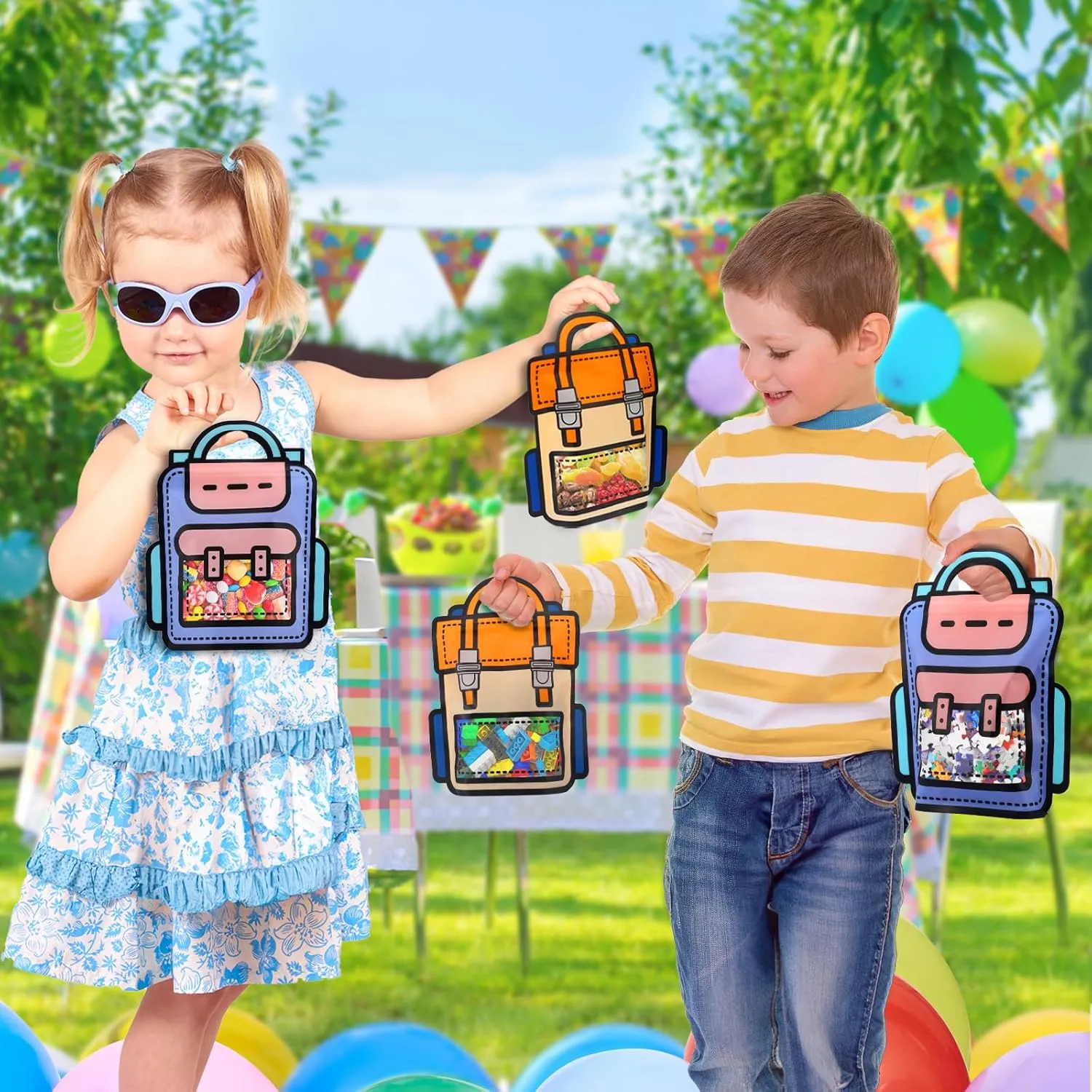 EONSUI 30PCS Plastic Gift Bags with Handles, Cartoon Backpack Bags for Party, Wedding, Birthday, Baby Shower, Bulk Goodie Bags for Candy, Party Favors, Snacks (Mixed Color, Small)