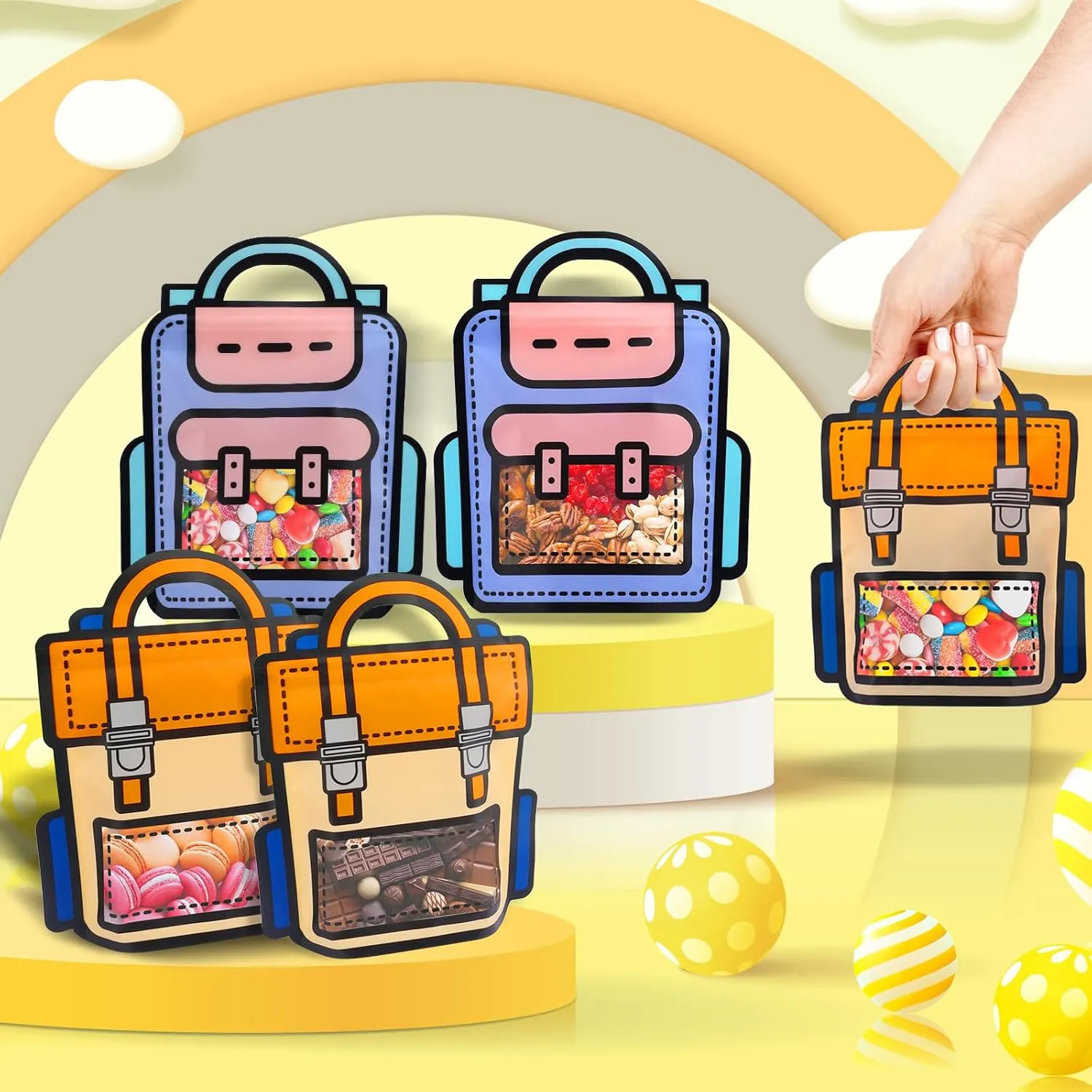 EONSUI 30PCS Plastic Gift Bags with Handles, Cartoon Backpack Bags for Party, Wedding, Birthday, Baby Shower, Bulk Goodie Bags for Candy, Party Favors, Snacks (Mixed Color, Small)