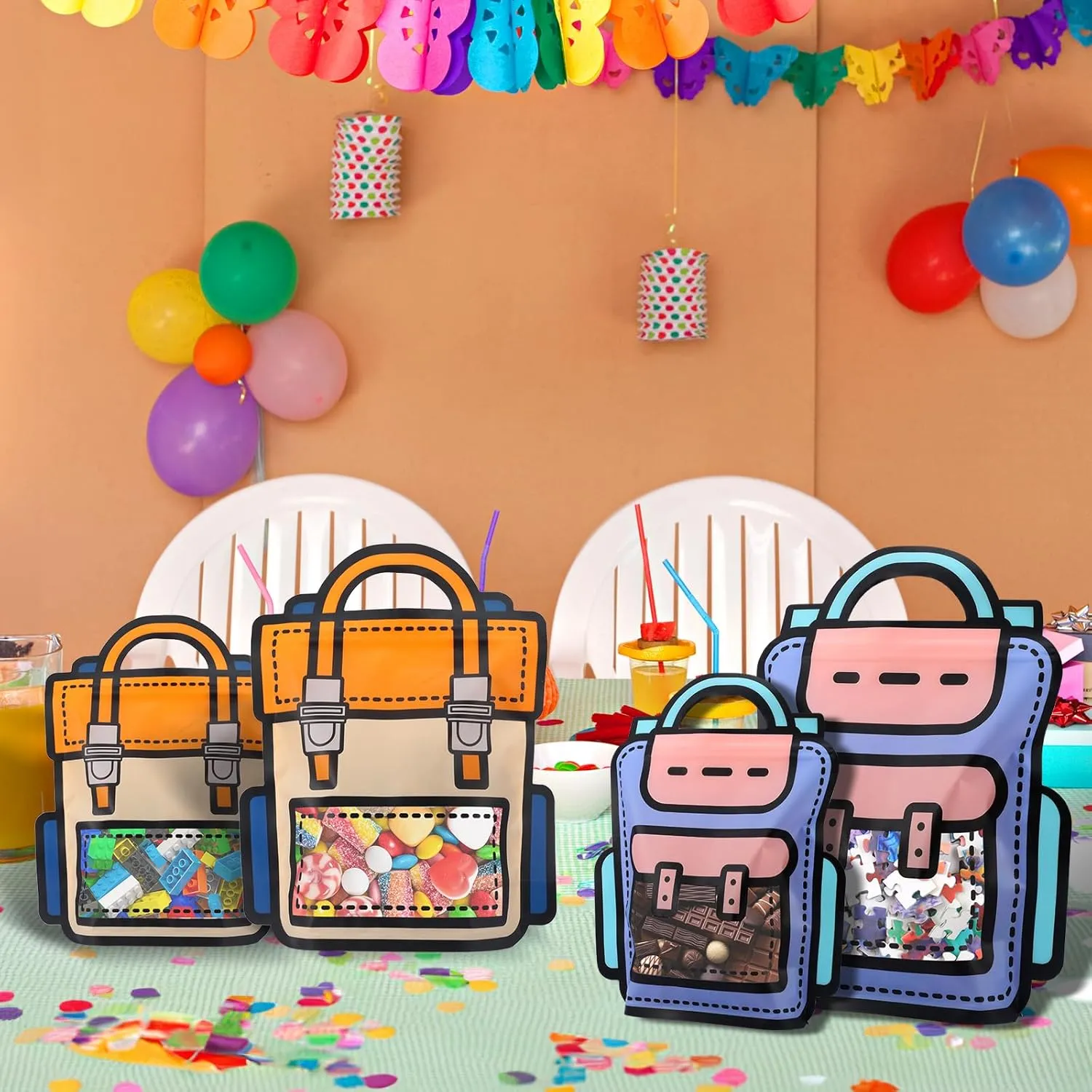 EONSUI 30PCS Plastic Gift Bags with Handles, Cartoon Backpack Bags for Party, Wedding, Birthday, Baby Shower, Bulk Goodie Bags for Candy, Party Favors, Snacks (Mixed Color, Small)