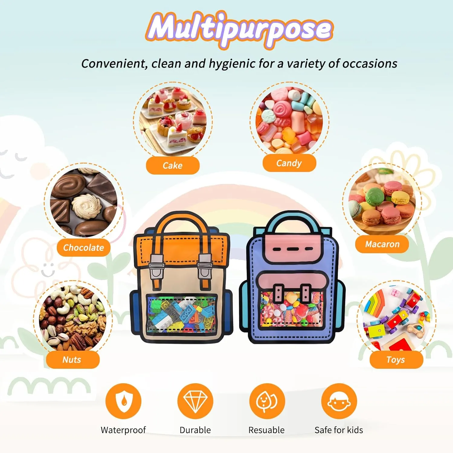 EONSUI 30PCS Plastic Gift Bags with Handles, Cartoon Backpack Bags for Party, Wedding, Birthday, Baby Shower, Bulk Goodie Bags for Candy, Party Favors, Snacks (Mixed Color, Small)