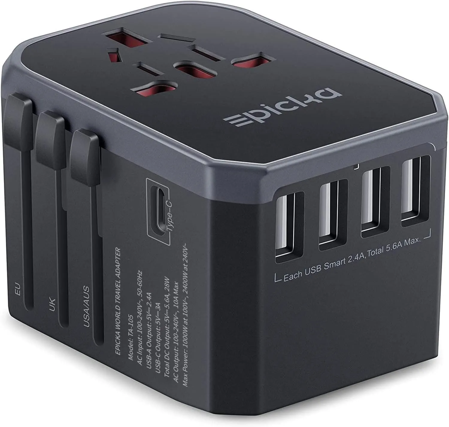 EPICKA Universal Travel Adapter, European Travel Plug Adapter - International Power Adapter Worldwide Charger with USB-C & 4 USB-A Ports, Travel Essentials for Italy, Japan, Europe, UK (TA-105, Grey)