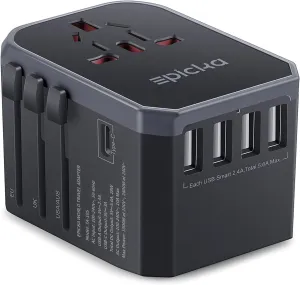 EPICKA Universal Travel Adapter, European Travel Plug Adapter - International Power Adapter Worldwide Charger with USB-C & 4 USB-A Ports, Travel Essentials for Italy, Japan, Europe, UK (TA-105, Grey)