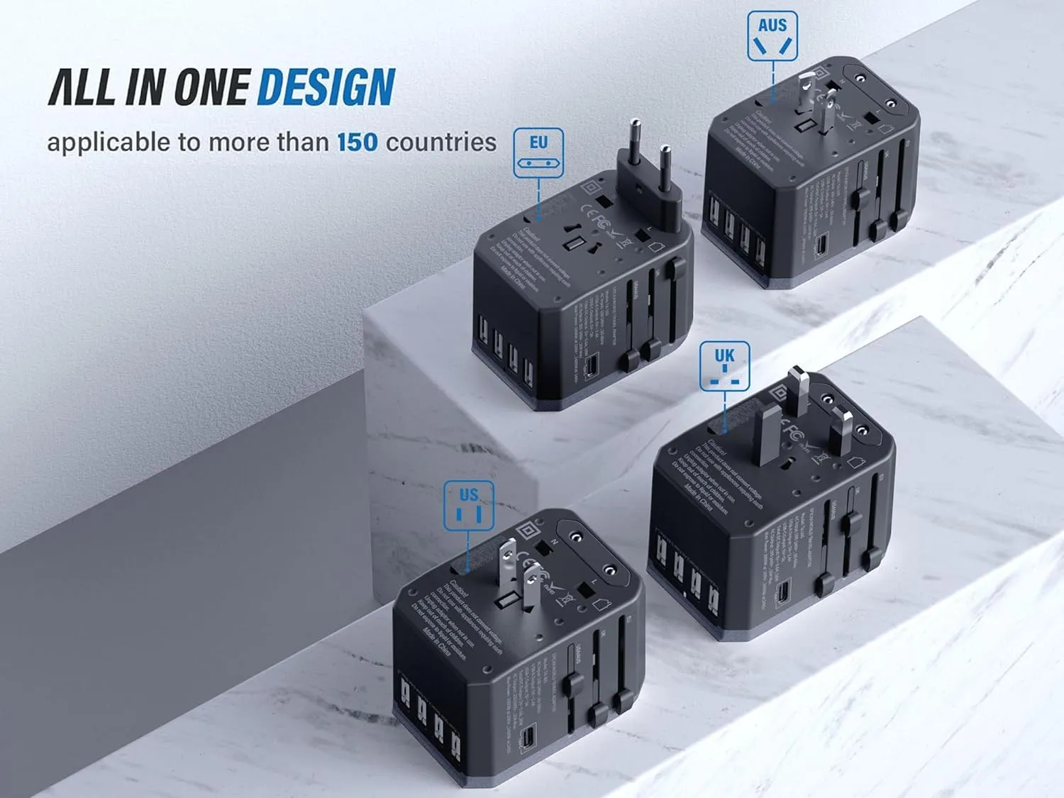 EPICKA Universal Travel Adapter, European Travel Plug Adapter - International Power Adapter Worldwide Charger with USB-C & 4 USB-A Ports, Travel Essentials for Italy, Japan, Europe, UK (TA-105, Grey)