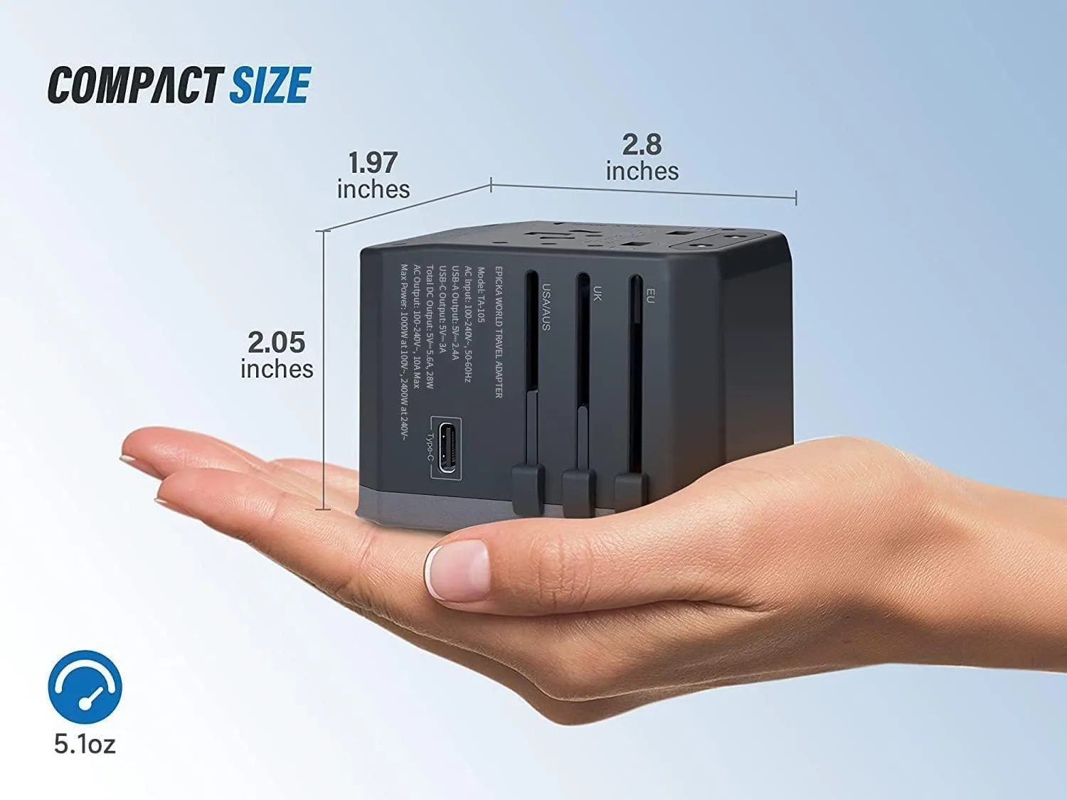 EPICKA Universal Travel Adapter, European Travel Plug Adapter - International Power Adapter Worldwide Charger with USB-C & 4 USB-A Ports, Travel Essentials for Italy, Japan, Europe, UK (TA-105, Grey)