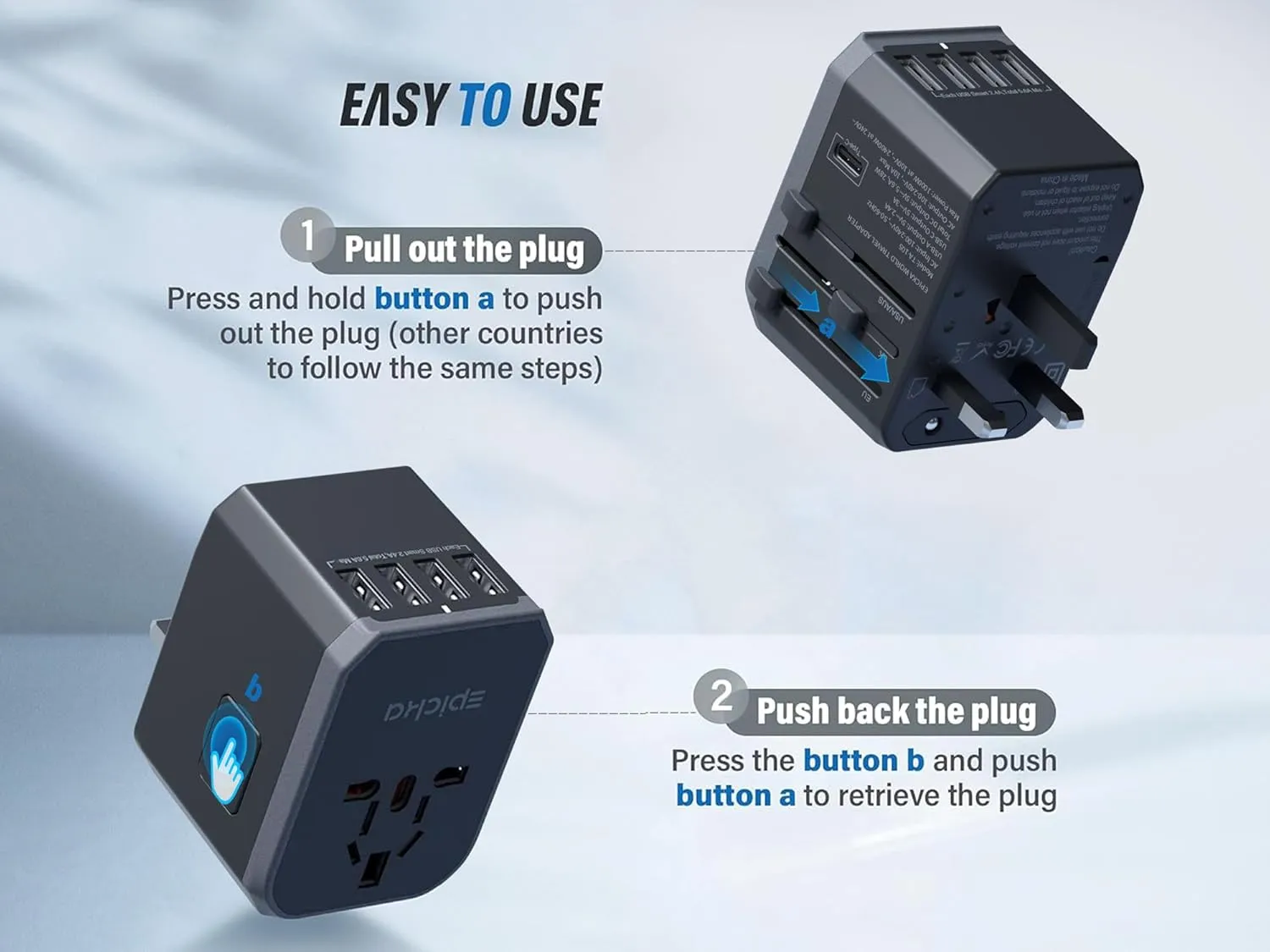 EPICKA Universal Travel Adapter, European Travel Plug Adapter - International Power Adapter Worldwide Charger with USB-C & 4 USB-A Ports, Travel Essentials for Italy, Japan, Europe, UK (TA-105, Grey)