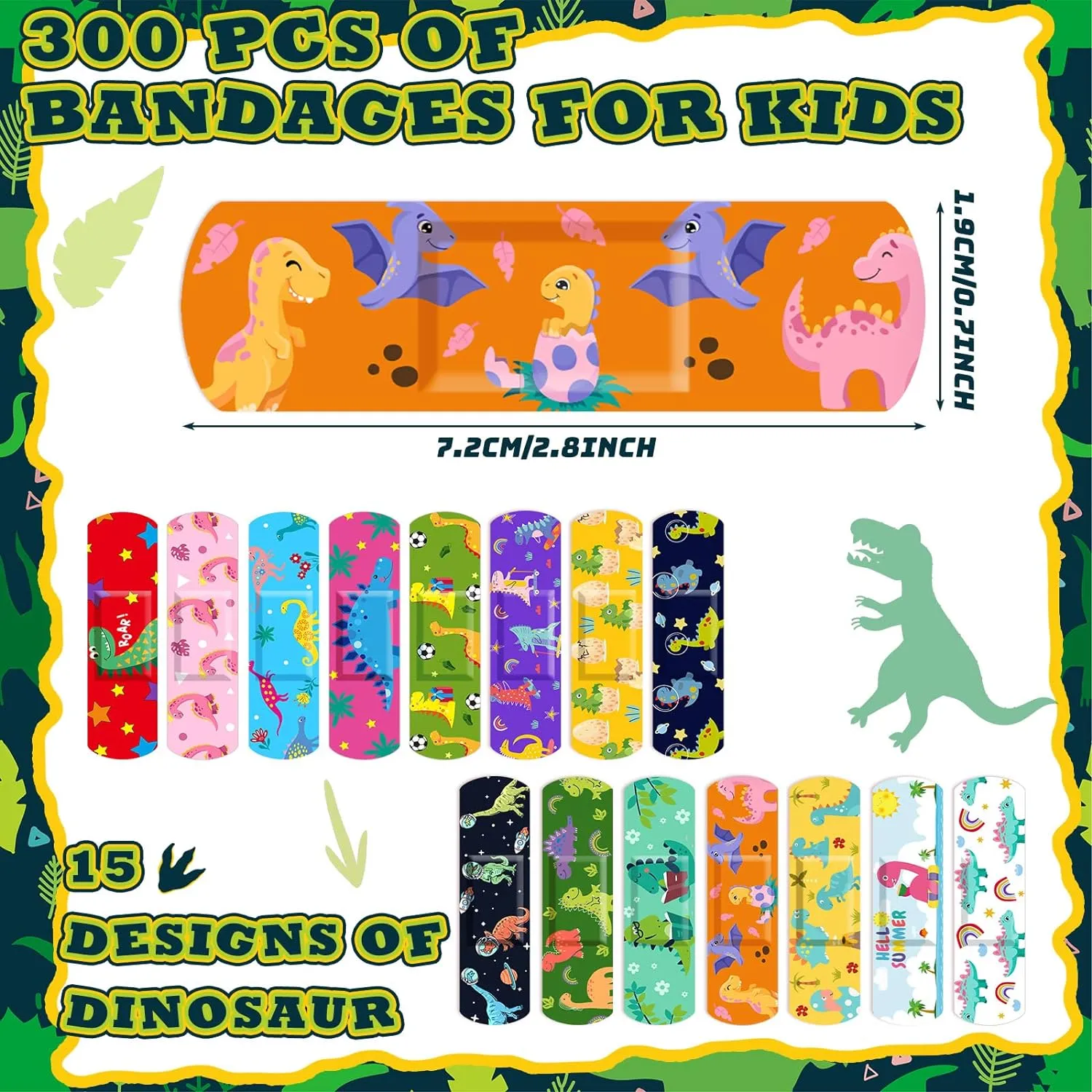 Estune 300 Pcs Kids Bandages Bulk Dinosaur 15 Styles Fun Children's Adhesive Colorful PE Flexible Cute Cartoon Dinosaur Bandages Variety Pack for Kids Boys Girls Students School Classroom