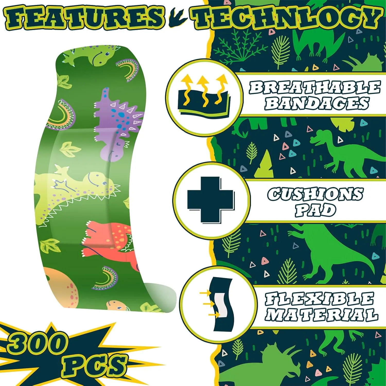 Estune 300 Pcs Kids Bandages Bulk Dinosaur 15 Styles Fun Children's Adhesive Colorful PE Flexible Cute Cartoon Dinosaur Bandages Variety Pack for Kids Boys Girls Students School Classroom