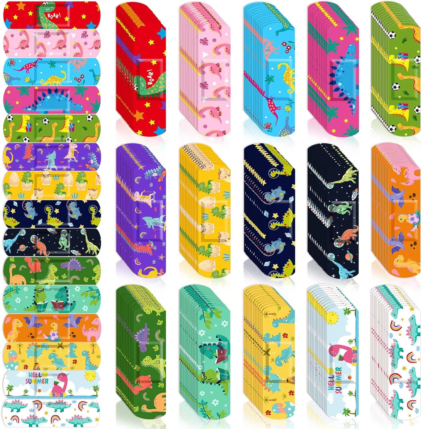 Estune 300 Pcs Kids Bandages Bulk Dinosaur 15 Styles Fun Children's Adhesive Colorful PE Flexible Cute Cartoon Dinosaur Bandages Variety Pack for Kids Boys Girls Students School Classroom