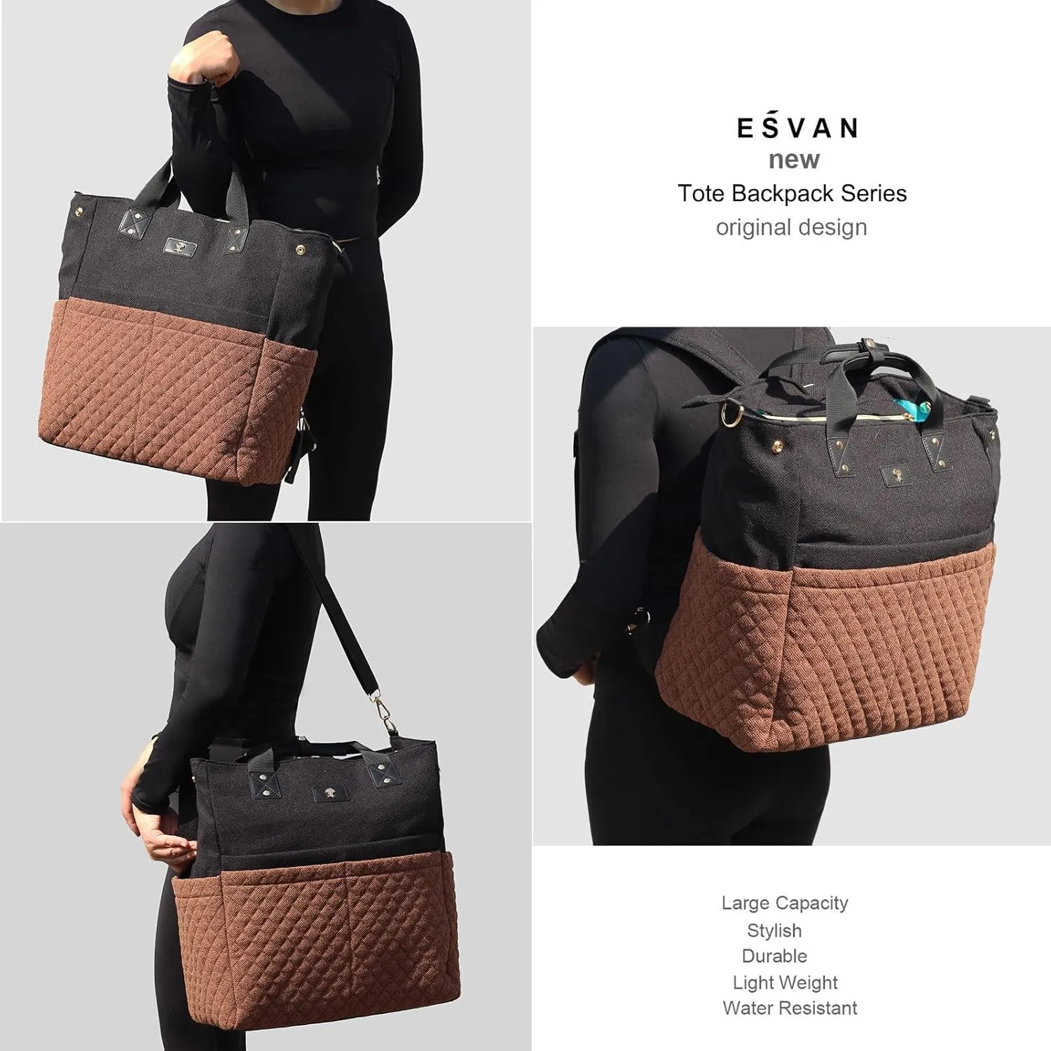 ESVAN Diaper Tote Bag Totepack Backpack Crossbody Bag 3 in 1 for Women Laptop Backpack Multifunctional with Insulated Pockets