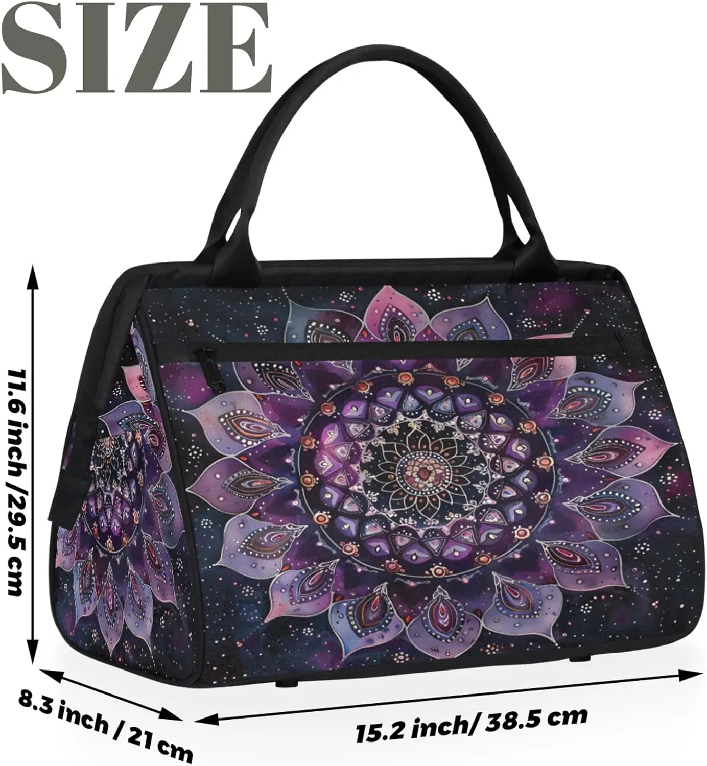 Ethnic Mandala Purple Flower Travel Duffel Bag Gym Tote Bag for Women Men Waterproof Weekend Overnight Bag Carry On Tote Luggage with Pocket Personal Item Bags Sports Bag fit Travel Sports Gym Yoga
