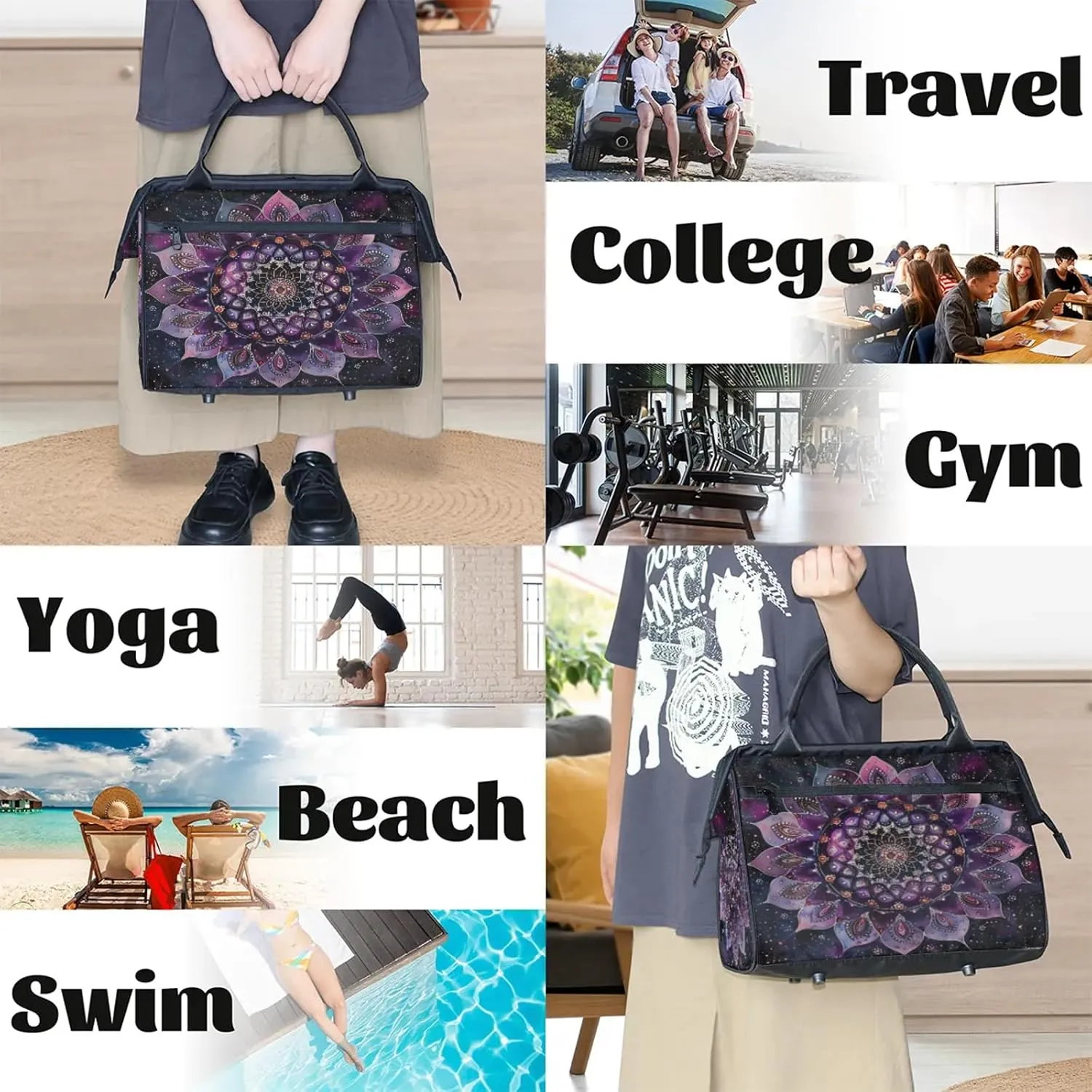 Ethnic Mandala Purple Flower Travel Duffel Bag Gym Tote Bag for Women Men Waterproof Weekend Overnight Bag Carry On Tote Luggage with Pocket Personal Item Bags Sports Bag fit Travel Sports Gym Yoga