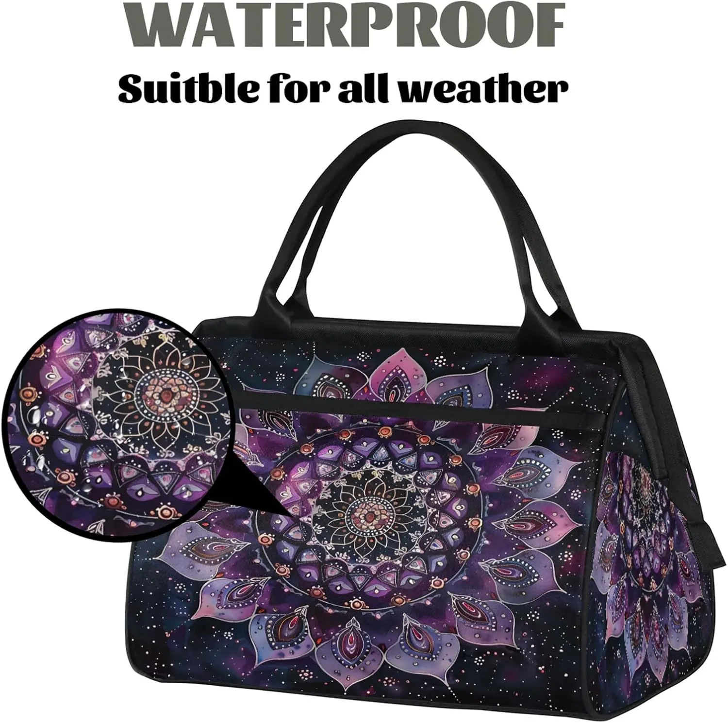 Ethnic Mandala Purple Flower Travel Duffel Bag Gym Tote Bag for Women Men Waterproof Weekend Overnight Bag Carry On Tote Luggage with Pocket Personal Item Bags Sports Bag fit Travel Sports Gym Yoga