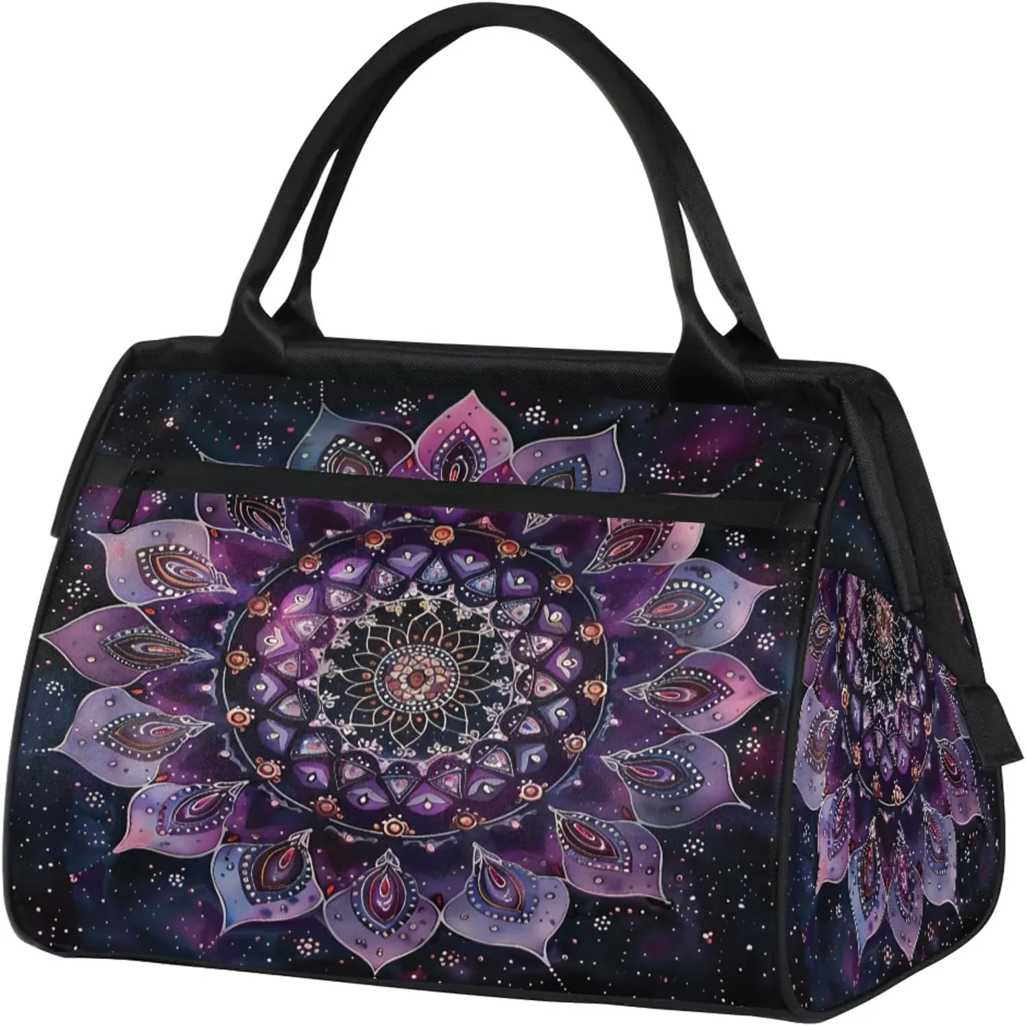 Ethnic Mandala Purple Flower Travel Duffel Bag Gym Tote Bag for Women Men Waterproof Weekend Overnight Bag Carry On Tote Luggage with Pocket Personal Item Bags Sports Bag fit Travel Sports Gym Yoga