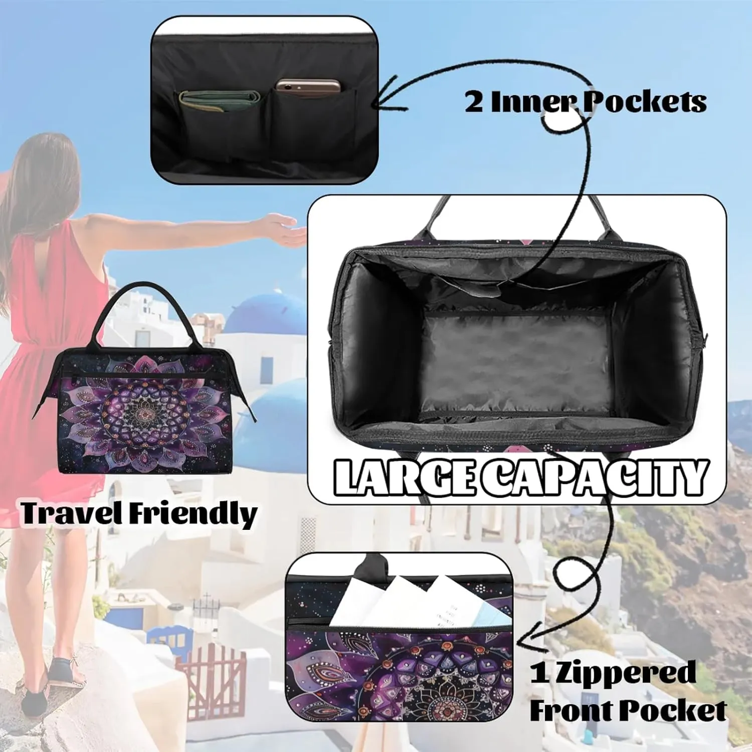 Ethnic Mandala Purple Flower Travel Duffel Bag Gym Tote Bag for Women Men Waterproof Weekend Overnight Bag Carry On Tote Luggage with Pocket Personal Item Bags Sports Bag fit Travel Sports Gym Yoga