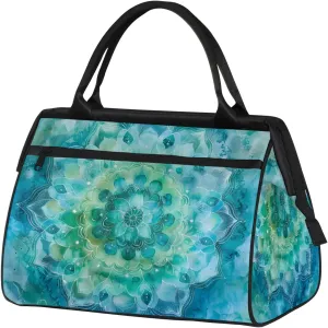 Ethnic Mandala Teal Large Travel Duffel Bag Gym Tote Bag for Women Men Waterproof Weekend Overnight Bag Carry On Tote Luggage with Pocket Personal Item Bags Sports Bag fit Travel Sports Gym Yoga