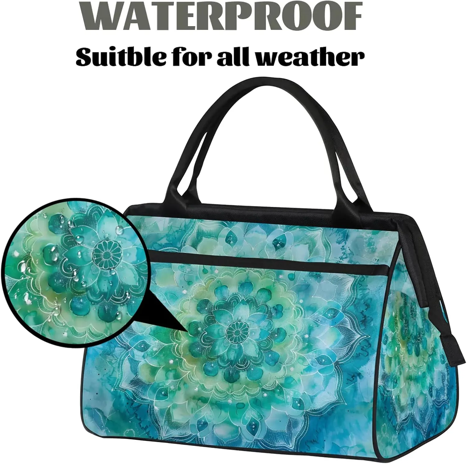Ethnic Mandala Teal Large Travel Duffel Bag Gym Tote Bag for Women Men Waterproof Weekend Overnight Bag Carry On Tote Luggage with Pocket Personal Item Bags Sports Bag fit Travel Sports Gym Yoga