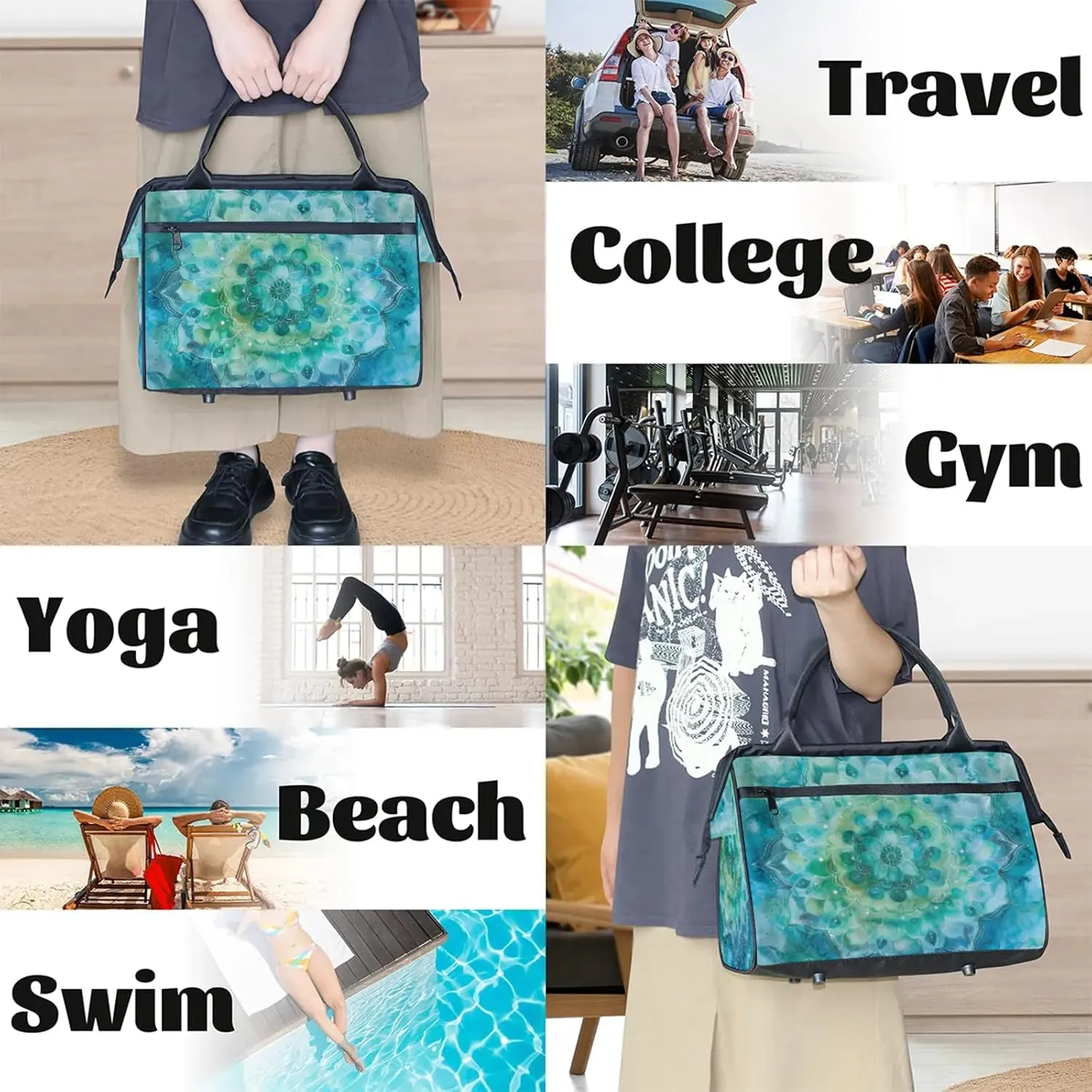 Ethnic Mandala Teal Large Travel Duffel Bag Gym Tote Bag for Women Men Waterproof Weekend Overnight Bag Carry On Tote Luggage with Pocket Personal Item Bags Sports Bag fit Travel Sports Gym Yoga
