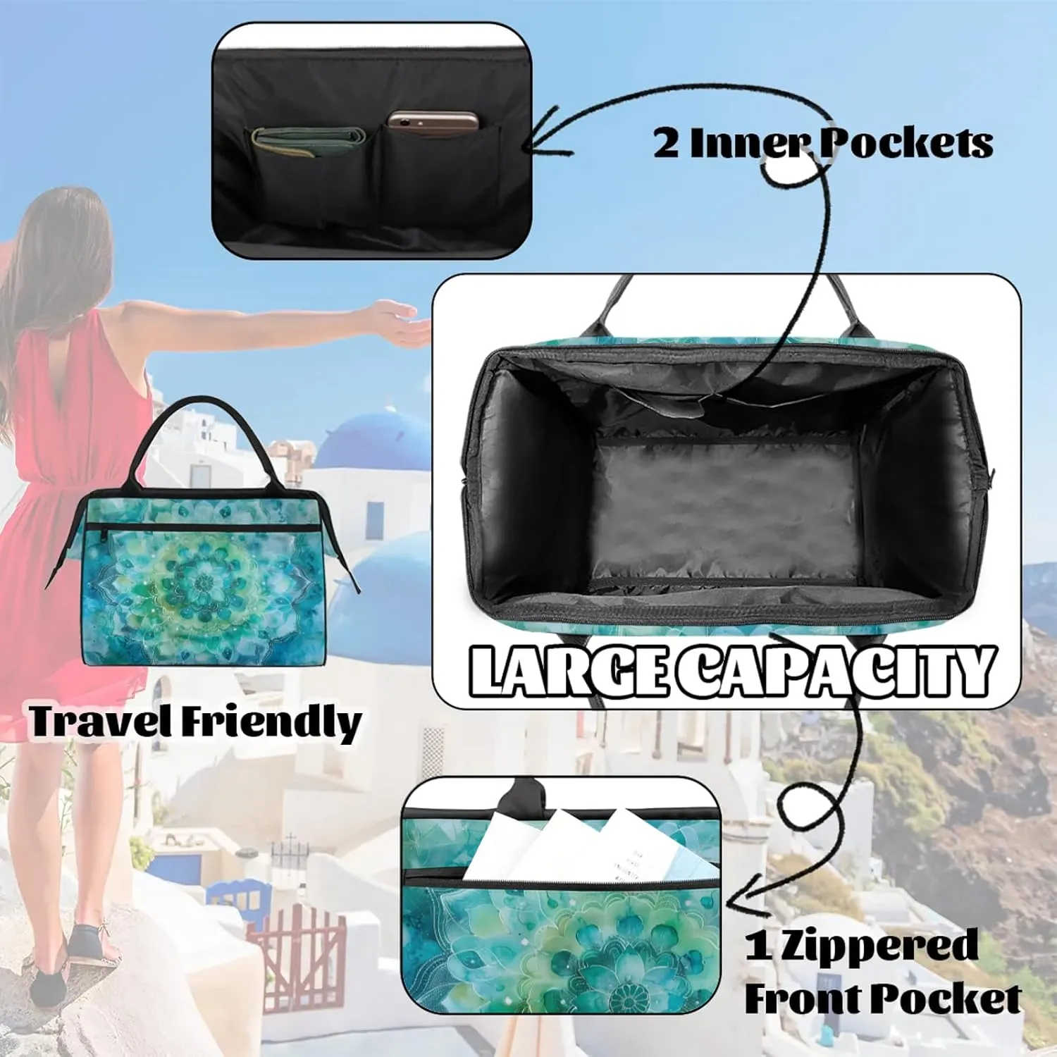 Ethnic Mandala Teal Large Travel Duffel Bag Gym Tote Bag for Women Men Waterproof Weekend Overnight Bag Carry On Tote Luggage with Pocket Personal Item Bags Sports Bag fit Travel Sports Gym Yoga