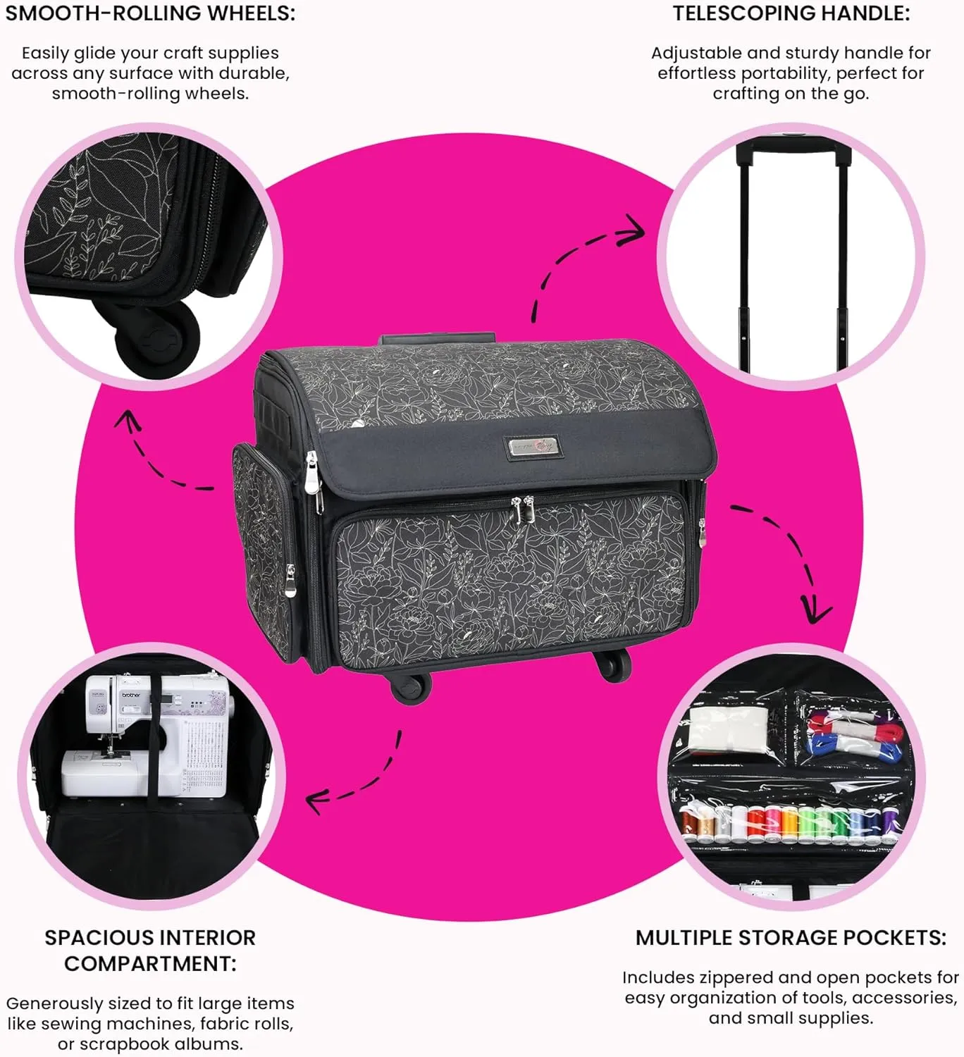 Everything Mary 4 Wheels Collapsible Deluxe Sewing Machine Storage Case, Black - Rolling Trolley Carrying Bag for Brother, Singer