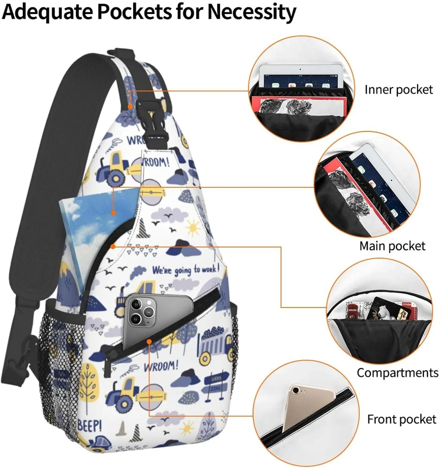 Excavator American Flag Crossbody Bag Adjustable Sling Bag Casual Chest Bags Travel Shoulder Backpack