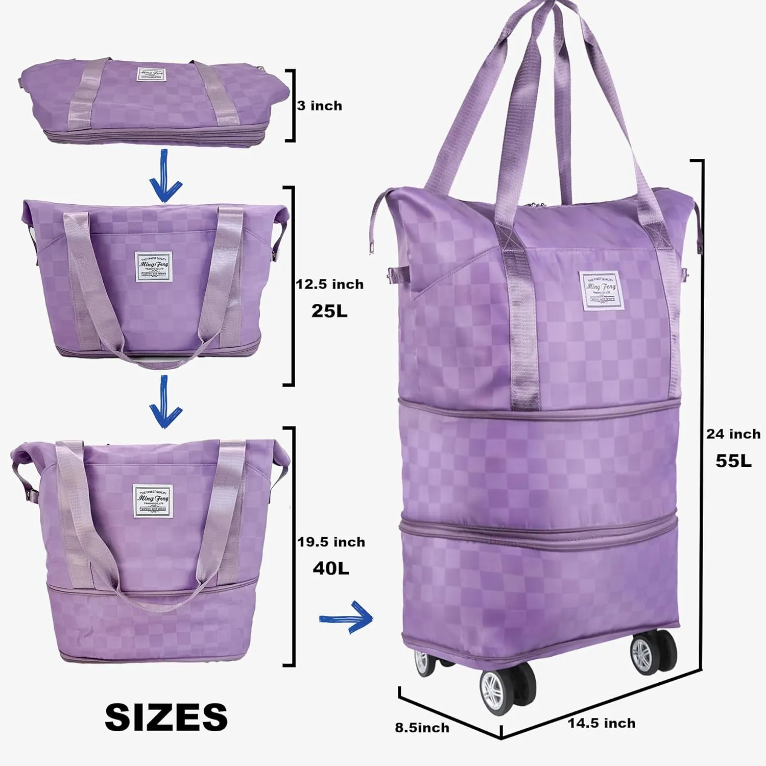 Expandable foldable duffel bag suitcase, detachable rolling wheels,carry-on large duffel bag,luggage bag,suit gym,camping,travel or business trip,Gift for wife and parents-Checkerboard(PURPLE)