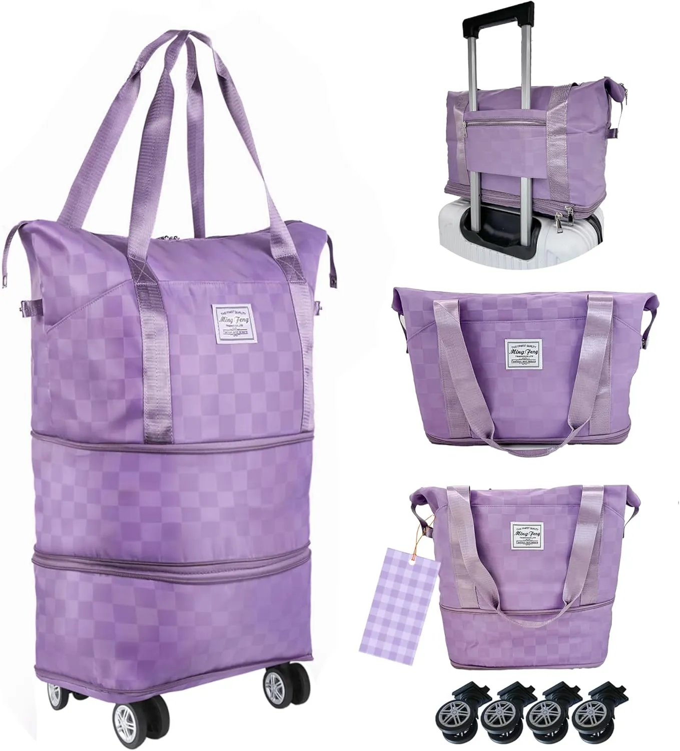 Expandable foldable duffel bag suitcase, detachable rolling wheels,carry-on large duffel bag,luggage bag,suit gym,camping,travel or business trip,Gift for wife and parents-Checkerboard(PURPLE)