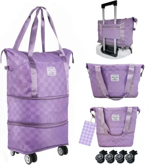 Expandable foldable duffel bag suitcase, detachable rolling wheels,carry-on large duffel bag,luggage bag,suit gym,camping,travel or business trip,Gift for wife and parents-Checkerboard(PURPLE)