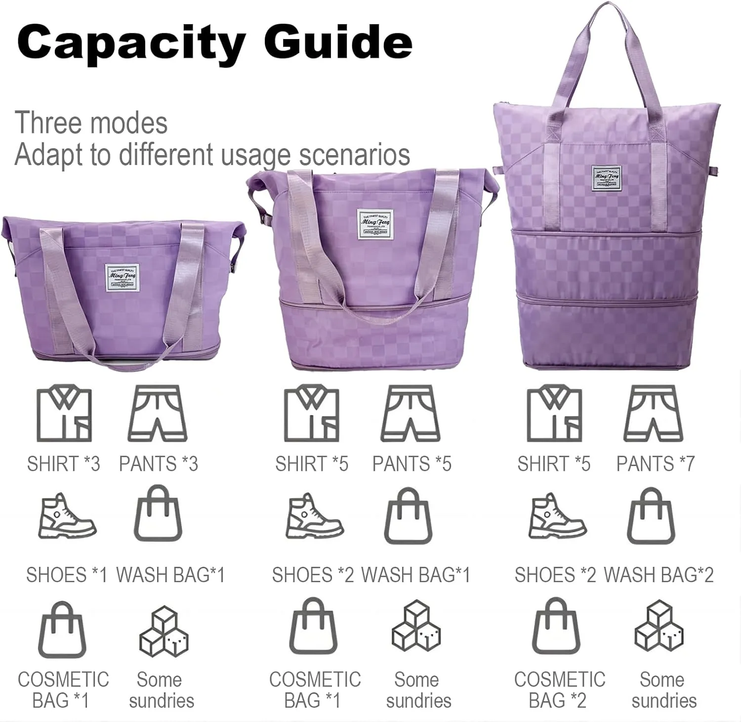 Expandable foldable duffel bag suitcase, detachable rolling wheels,carry-on large duffel bag,luggage bag,suit gym,camping,travel or business trip,Gift for wife and parents-Checkerboard(PURPLE)