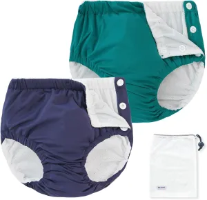 EZ Moms 2 Packs Reusable Swim Diapers Toddler Baby Swim Diaper Size 3 Washable Snap Pool Swimming Diaper 3T Soft and Silky Waterproof Diapers for Swimming Lessons Boys and Girls with a Laundry Bag