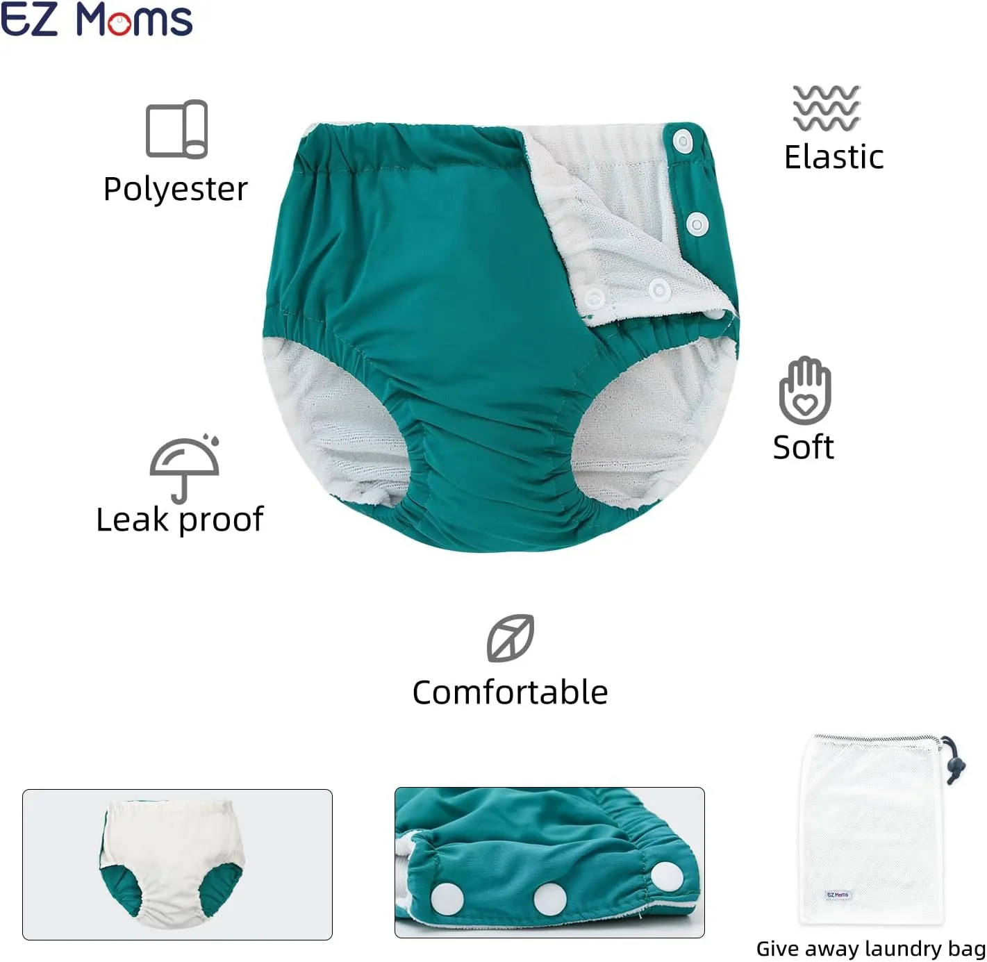 EZ Moms 2 Packs Reusable Swim Diapers Toddler Baby Swim Diaper Size 3 Washable Snap Pool Swimming Diaper 3T Soft and Silky Waterproof Diapers for Swimming Lessons Boys and Girls with a Laundry Bag