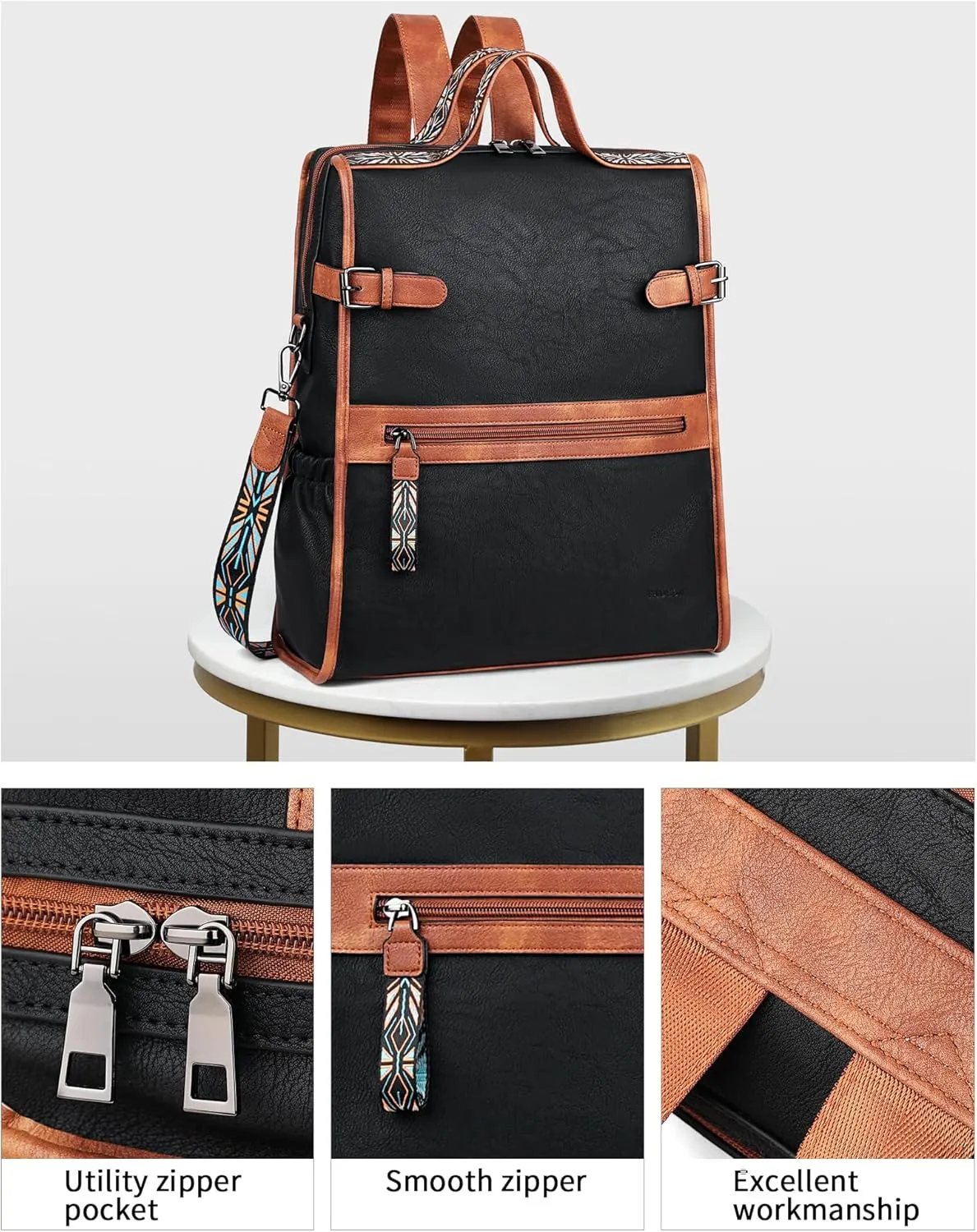 FADEON Leather Laptop Backpack for Women, Designer Ladies Work Travel Computer Backpack with Laptop Compartment Black Brown