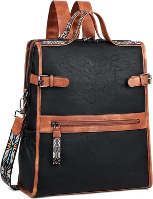 FADEON Leather Laptop Backpack for Women, Designer Ladies Work Travel Computer Backpack with Laptop Compartment Black Brown