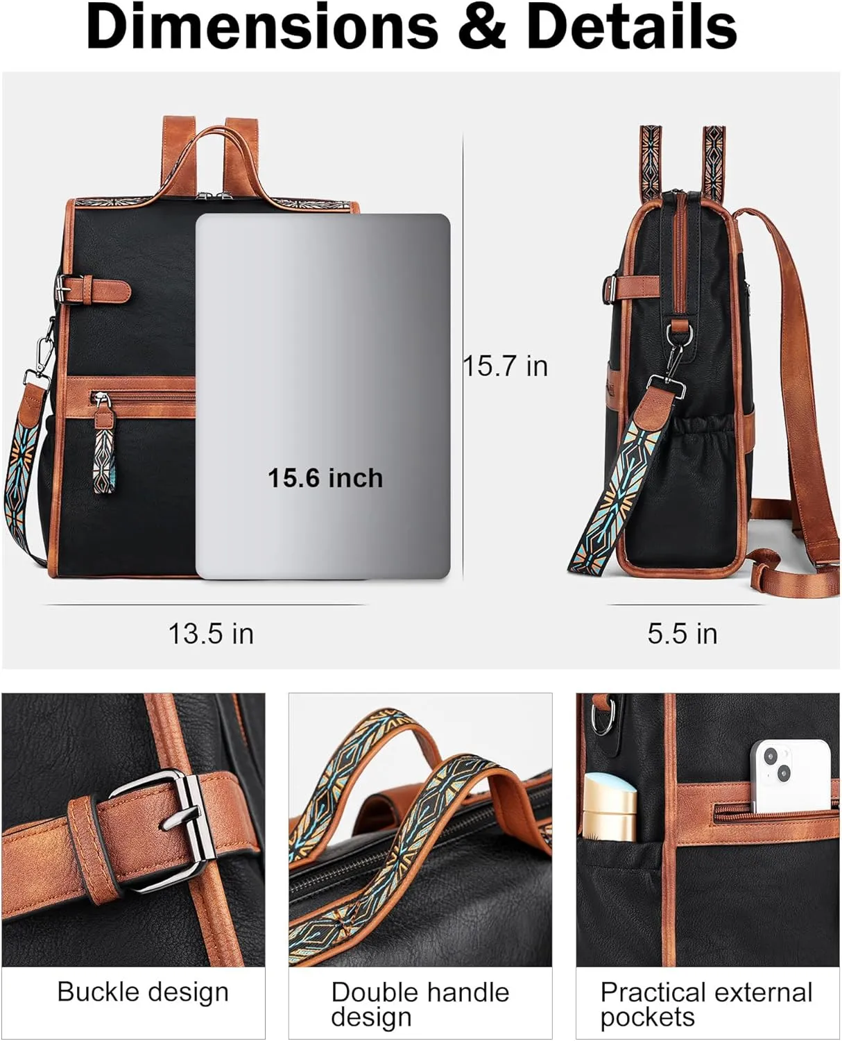FADEON Leather Laptop Backpack for Women, Designer Ladies Work Travel Computer Backpack with Laptop Compartment Black Brown