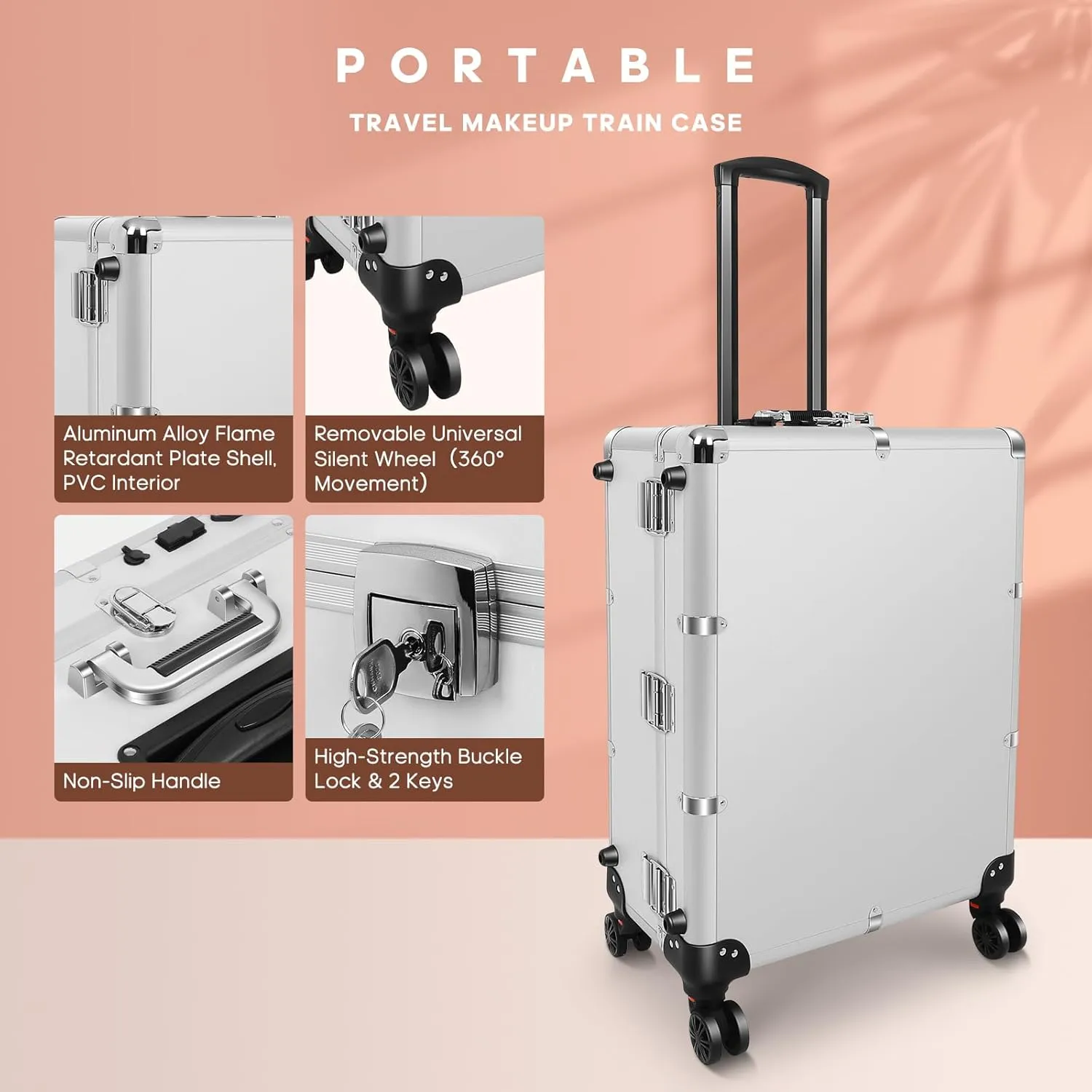 FAHKNS 24'' Aluminum Trolley Makeup Train Case with LED Light Professional Cosmetic Make up Cosmetic Organizer Studio