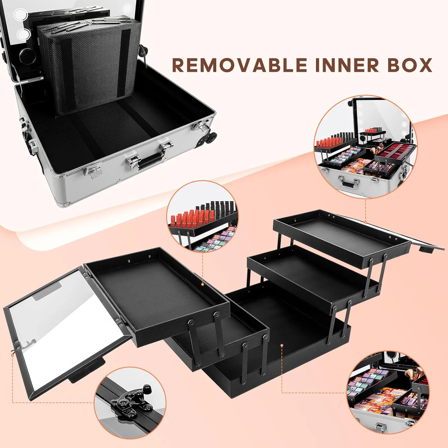 FAHKNS 24'' Aluminum Trolley Makeup Train Case with LED Light Professional Cosmetic Make up Cosmetic Organizer Studio