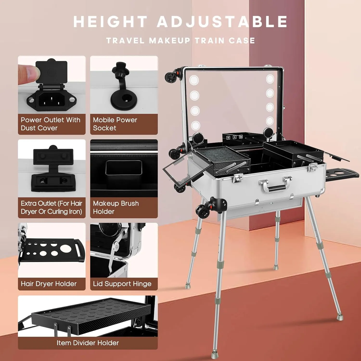 FAHKNS 24'' Aluminum Trolley Makeup Train Case with LED Light Professional Cosmetic Make up Cosmetic Organizer Studio