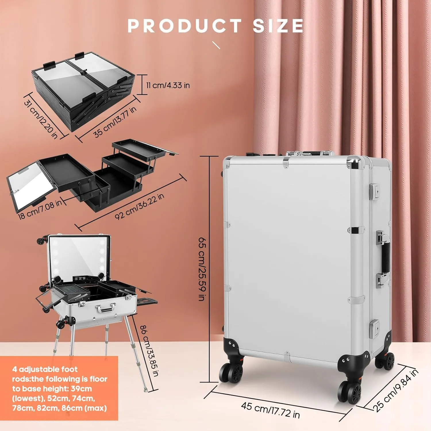 FAHKNS 24'' Aluminum Trolley Makeup Train Case with LED Light Professional Cosmetic Make up Cosmetic Organizer Studio