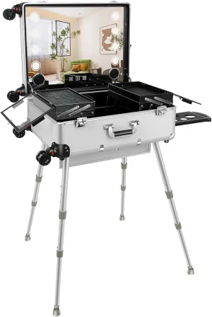 FAHKNS 24'' Aluminum Trolley Makeup Train Case with LED Light Professional Cosmetic Make up Cosmetic Organizer Studio