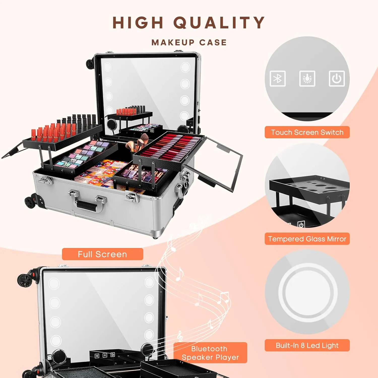 FAHKNS 24'' Aluminum Trolley Makeup Train Case with LED Light Professional Cosmetic Make up Cosmetic Organizer Studio