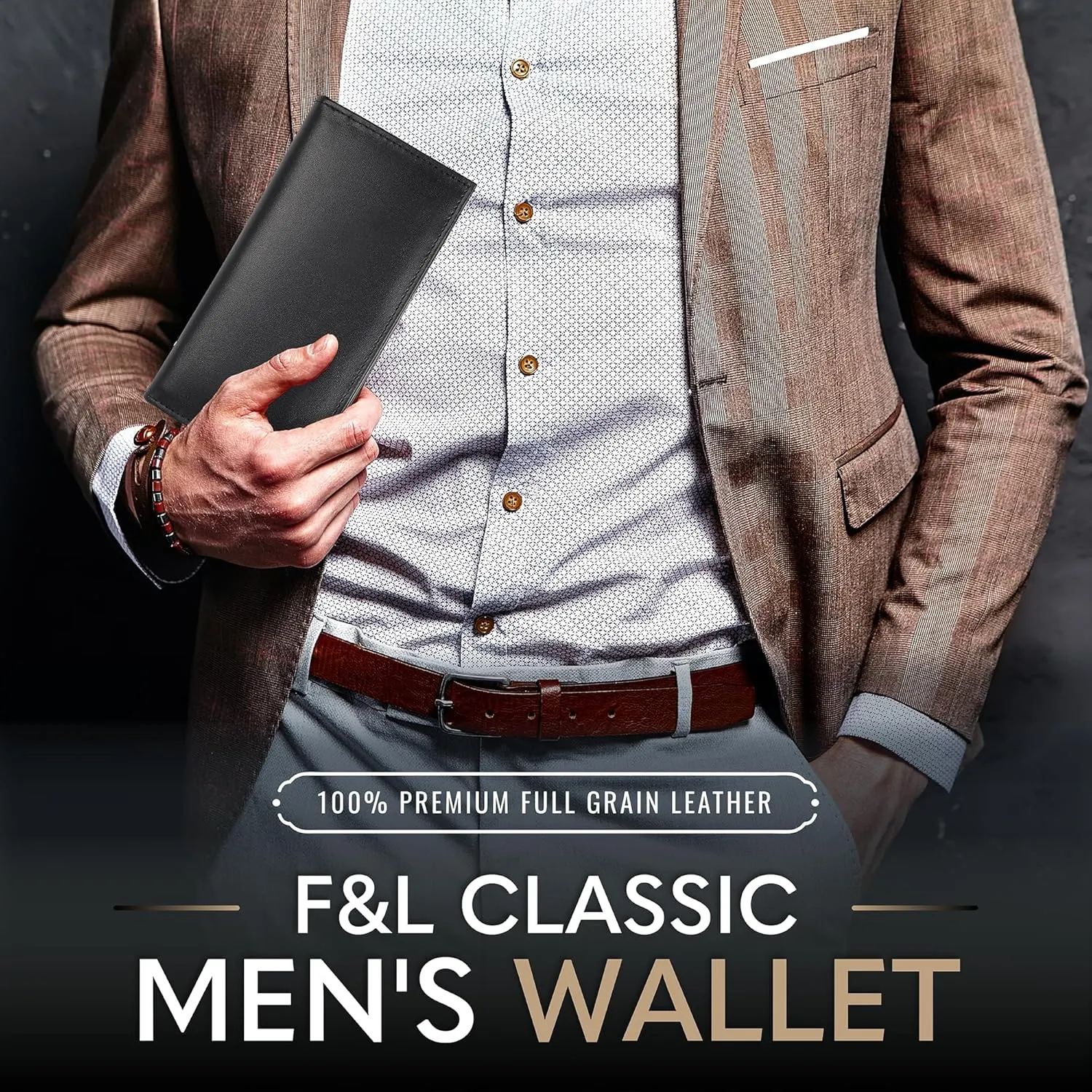 F&L CLASSIC Men's RFID Vintage Look Genuine Leather Long Bifold Wallet Checkbook Wallets,buffalo leather,black,240-01