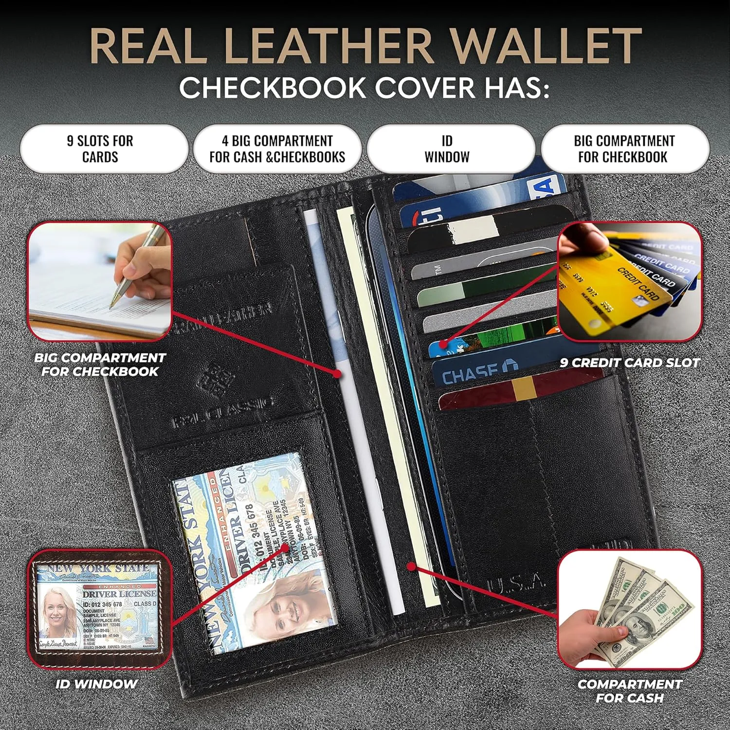 F&L CLASSIC Men's RFID Vintage Look Genuine Leather Long Bifold Wallet Checkbook Wallets,buffalo leather,black,240-01