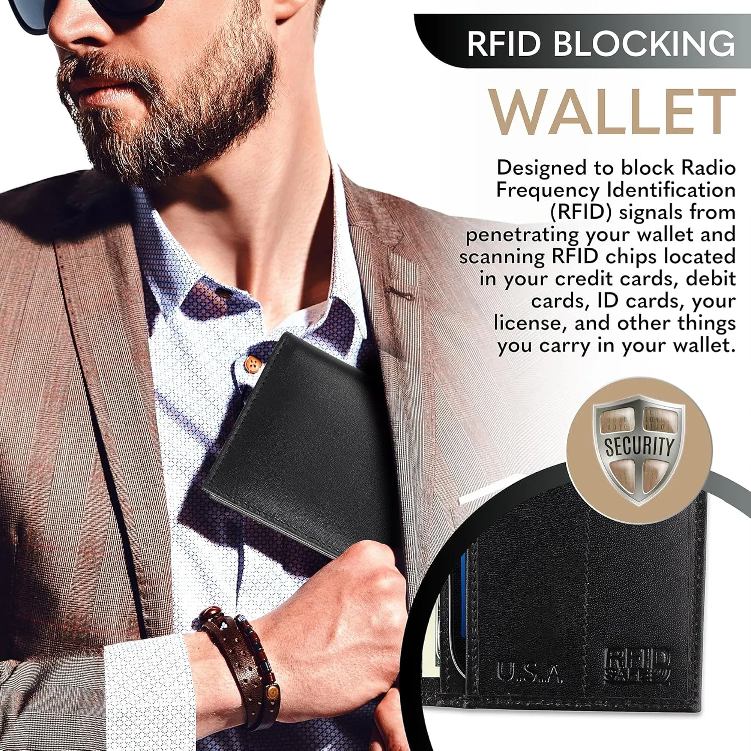 F&L CLASSIC Men's RFID Vintage Look Genuine Leather Long Bifold Wallet Checkbook Wallets,buffalo leather,black,240-01