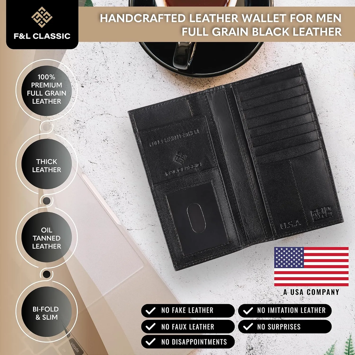 F&L CLASSIC Men's RFID Vintage Look Genuine Leather Long Bifold Wallet Checkbook Wallets,buffalo leather,black,240-01