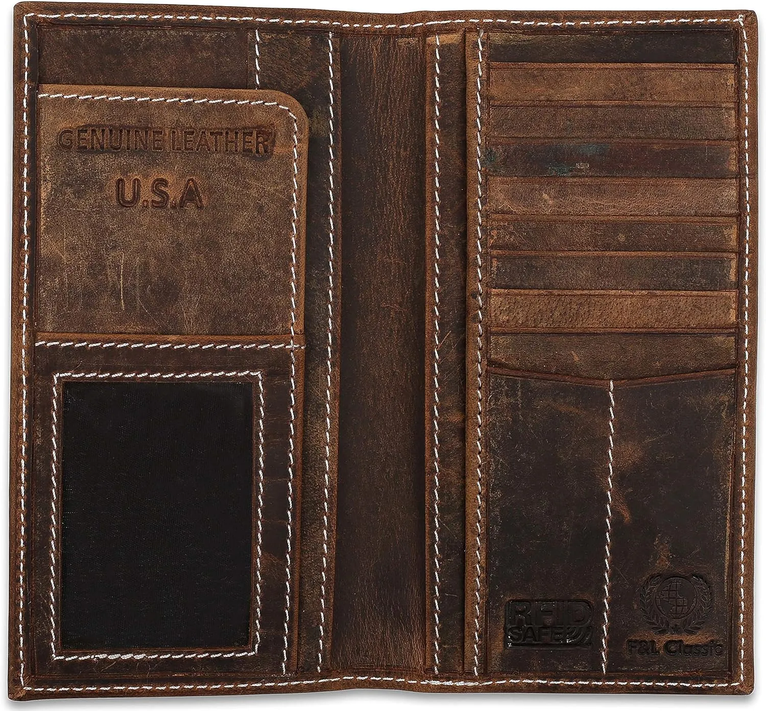 F&L CLASSIC Men's RFID Vintage Look premium Genuine Leather Long Bifold Wallet Checkbook Wallets,buffalo vintage leather