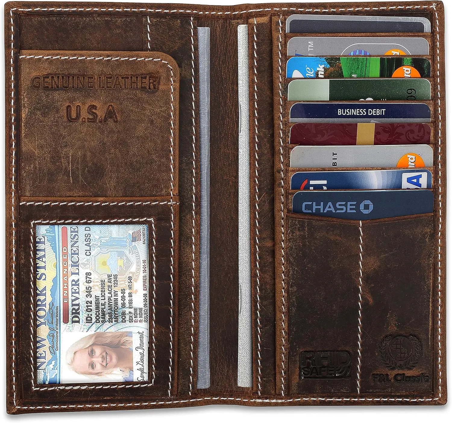 F&L CLASSIC Men's RFID Vintage Look premium Genuine Leather Long Bifold Wallet Checkbook Wallets,buffalo vintage leather