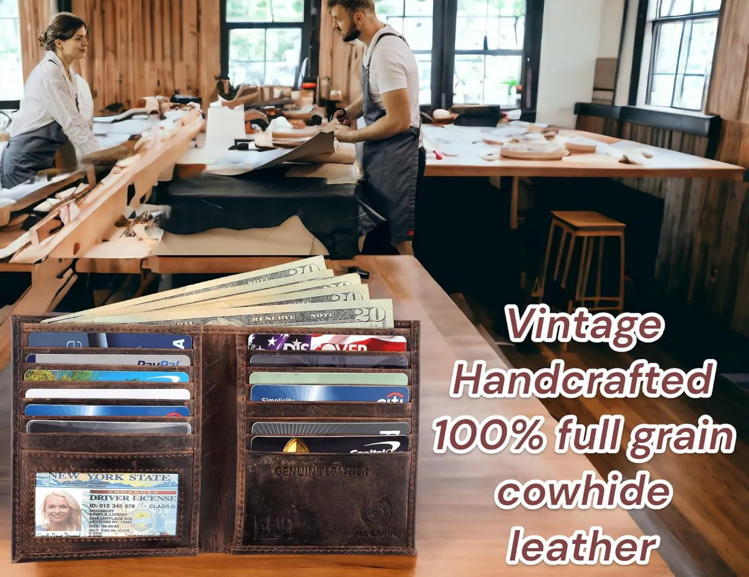 F&L CLASSIC RFID Blocking Mens Leather Bi-Fold Big Hipster Wallet, 13 credit card slots,buffalo vintage brown