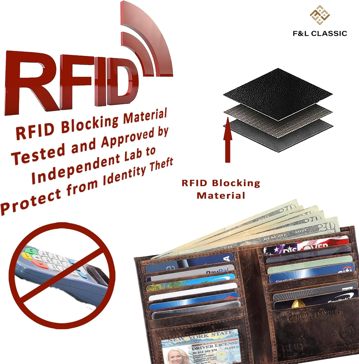 F&L CLASSIC RFID Blocking Mens Leather Bi-Fold Big Hipster Wallet, 13 credit card slots,buffalo vintage brown