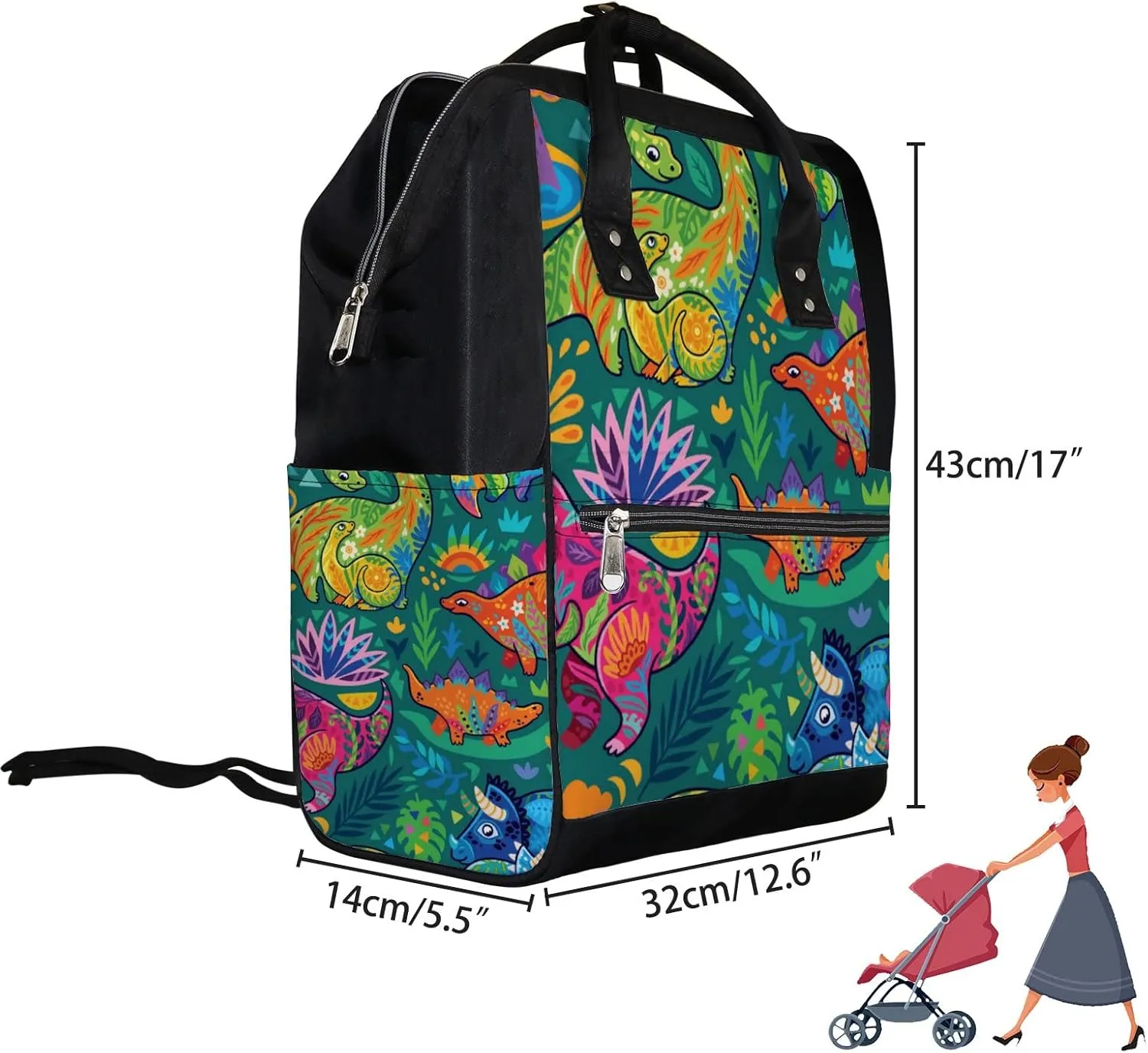 Fantasy Floral Dinosaurs Diaper Bag Backpack Waterproof Backpack Baby Nappy Changing Bag for Travel Large Capacity Durable and Stylish for Woman