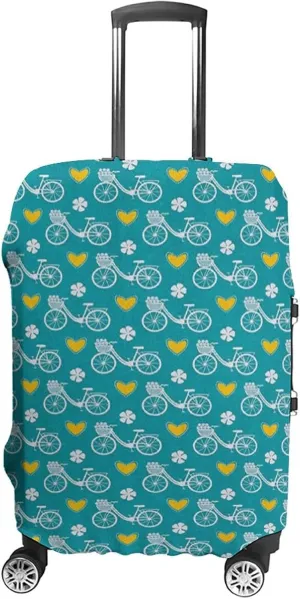Fashion Suitcase Protector, Bicycle Elastic Travel Luggage Cover, City Bike with Flowers in Basket among Four Leaf, Fits 22-24 Inch Luggage, Great For Vacation Travel, Multicolor