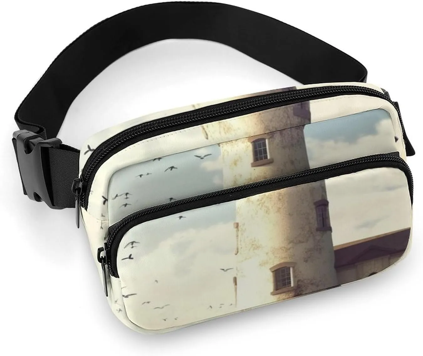 Fashionable Large-capacity Twill Old Lighthouse Printed Waist Bag, A Must-have Item for Hands-free Travel